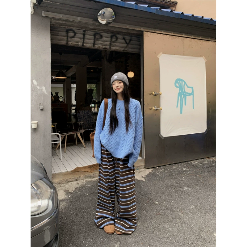 Рекордная съемка минус возраст свободный ленивый ветер синий свитер с круглым вырезом