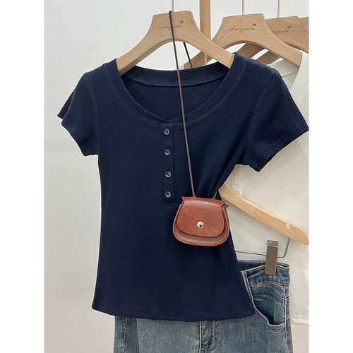 Korean-style design pure color regular shoulder short-sleeve women's summer half-collared stylish T-shirt