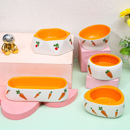 Cross-border new ceramic pet bowls Heightened and tilted rabbit bowls Cute cartoon carrot and rabbit food bowls wholesale
