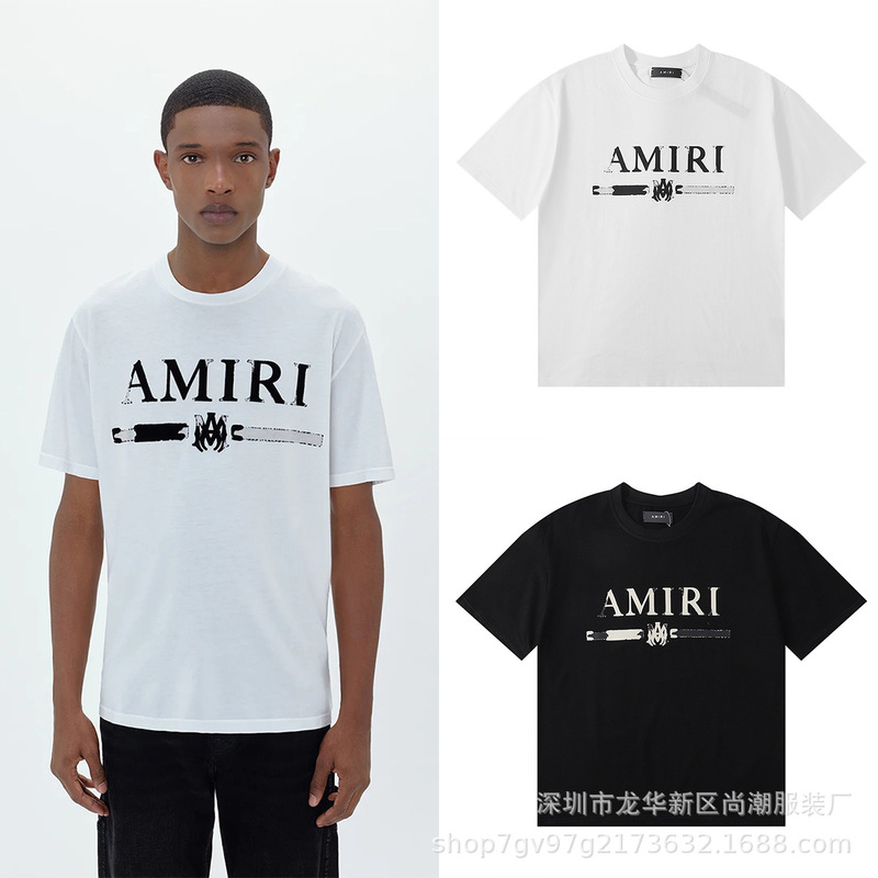 Cross-Border Export 2025 New American Trendy Brand Am Amiry Printed Pure Cotton Heavy 270g Short-Sleeved T-Shirt for Men
