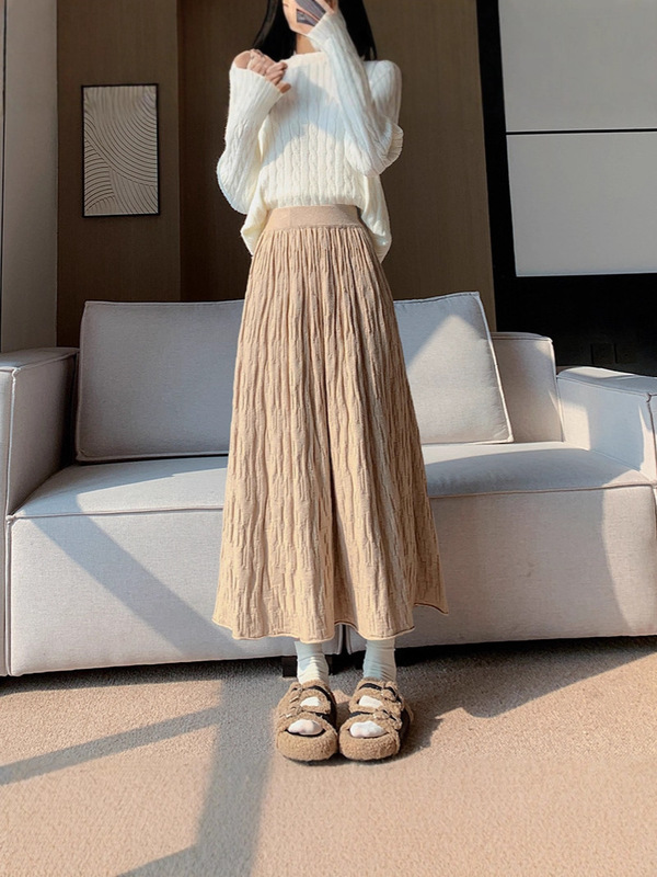 高級秋冬スカート、ミドル丈、肉感カバー、人気のAラインスカート、女性用スリム立体ニットアンブレラスカート|undefined