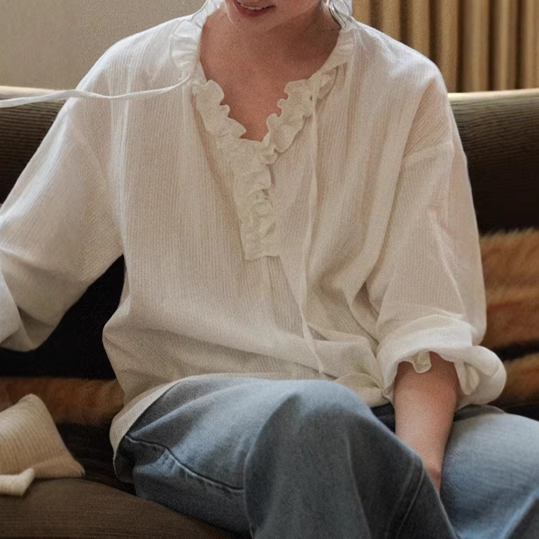 Spring Melody Lace Collar Jacquard Texture Long Sleeve Lightweight 100% Linen Shirt Top for Women 2026 Spring New