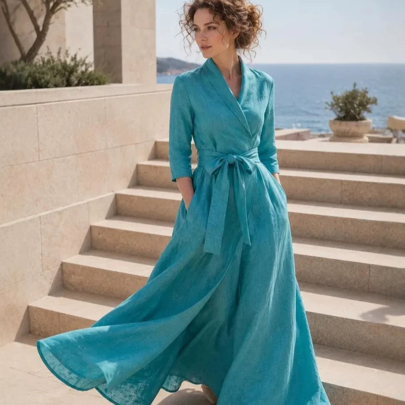 Cross-Border Vacation Linen Dress, High-Waisted, Three-Quarter Sleeves, V-Neck, Wrap-Around, Tie-Waist, Slimming, Long Dress, Wholesale Cross-Border Vacation Linen Dress, High-Waisted, Three-Quarter Sleeves, V-Neck, Wrap-Around, Tie-Waist, Slimming, Long Dress, Wholesale