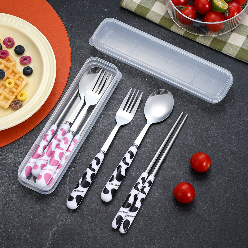 학생 스테인리스 휴대용 3 조각 야외 여행 만화 식기 세트 선물 소 숟가락 포크 젓가락