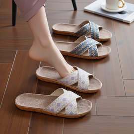 新款交叉带花朵民族风家居凉拖鞋EVA防臭天然亚麻拖鞋女厂家直销