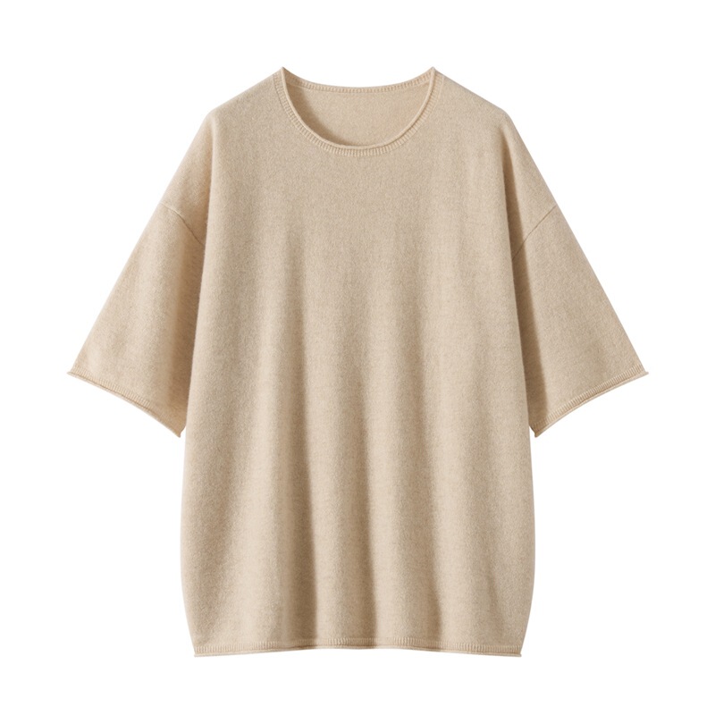 Cashmere Short-Sleeved Women's 100% Pure Cashmere Versatile Fashionable Simple Pure Color Round Neck Knitted Rolled Edge Pullover Half-Sleeve