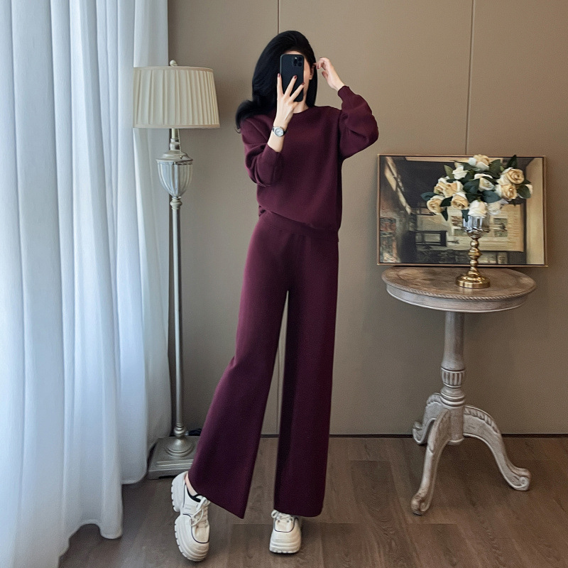 7553欧货高级感美拉德穿搭高级感小香风酒红色针织毛衣两件套装裤|undefined
