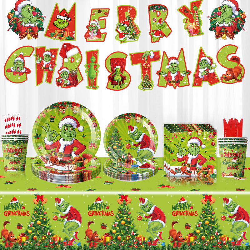 Cross-border New Christmas Grinch Theme Party Paper Tray Paper Cup Paper Towel Disposable suit Arrangement Supplies