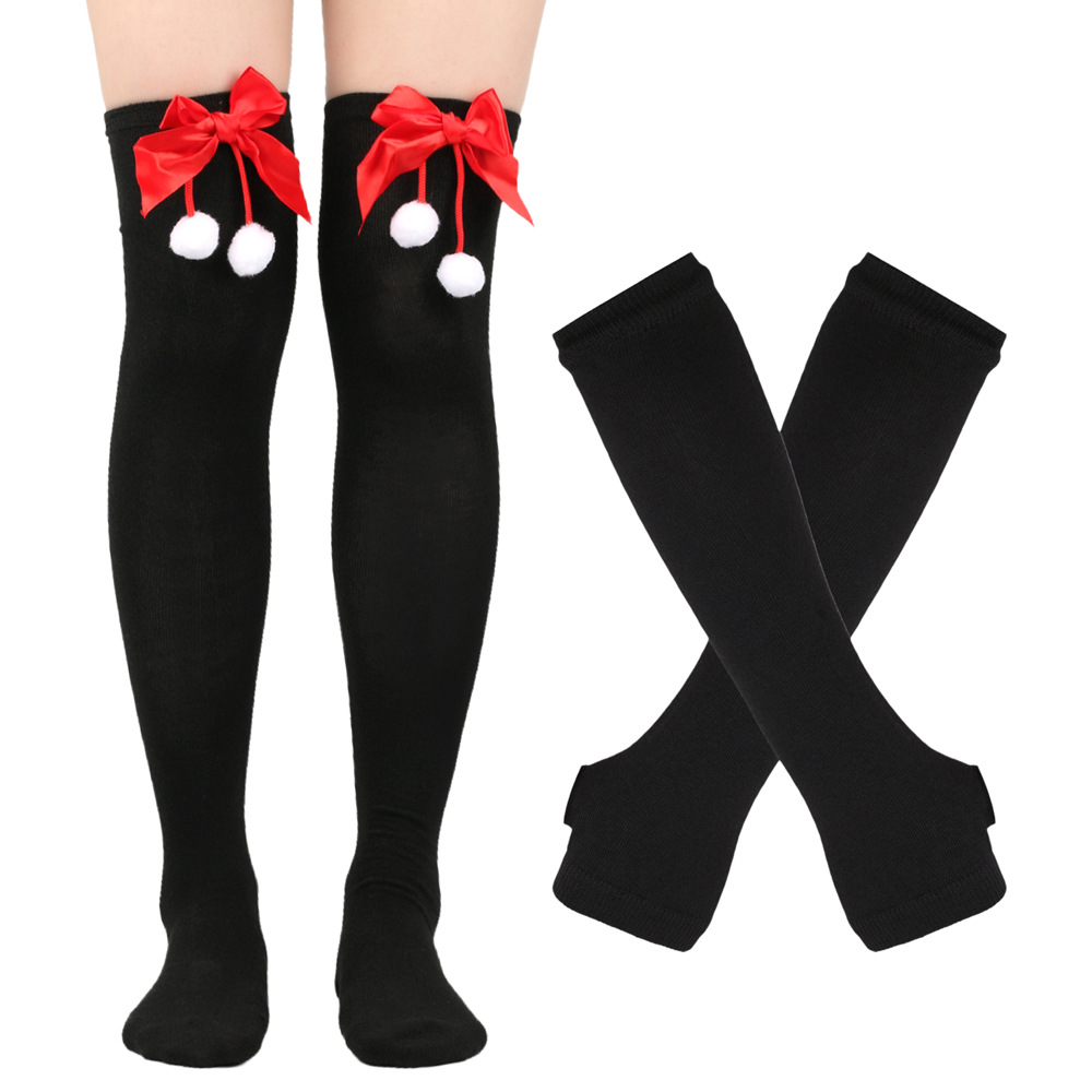 Set di calze e guanti a righe con fiocco di pelo di Natale COS_voghion.com