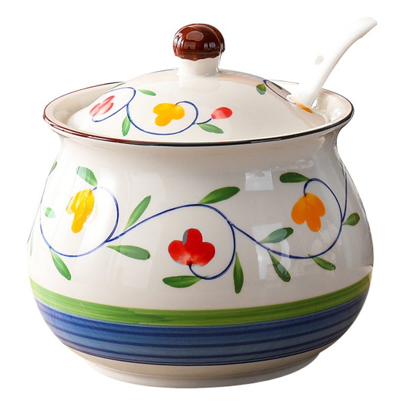 Japanese-Style Ceramic Seasoning Jar Set, Hand-Painted Lard Jar, High-Temperature Resistant Kitchen Seasoning Box, Meat Oil Jar, Floral Blue Porcelain