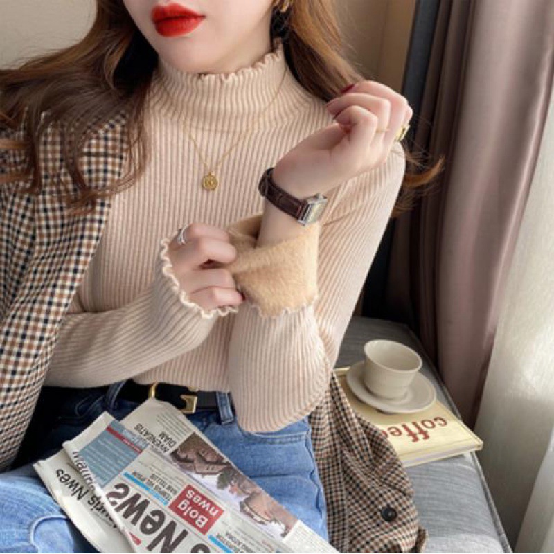 Otoño e invierno nuevo forro polar engrosado de terciopelo de una pieza suéter de mujer medio cuello alto color sólido interior estilo occidental suéter de fondo moda femenina