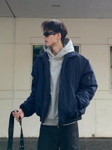 Men's American-style Bomber Flight Jacket Cotton Padded Coat for Spring & Autumn, High-Street Cleanfit Design, Trendy Brand, Collared Baseball Style Cozy Outerwear