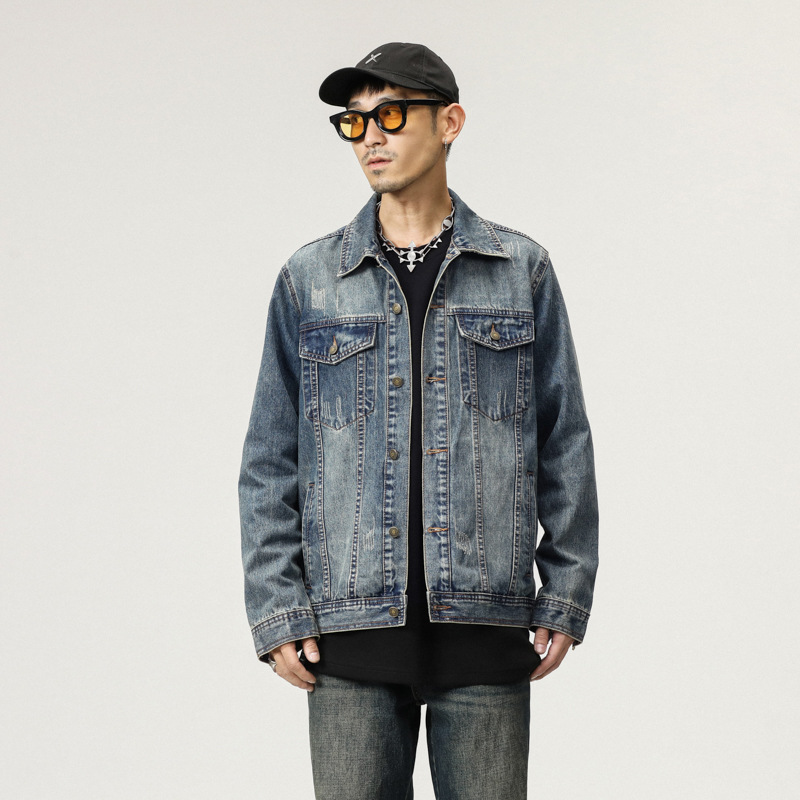 Fengshe ropa de hombre/primavera y otoño nueva chaqueta vaquera atractiva chaqueta vaquera americana High Street guapo Ins para hombre