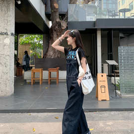 格子拼接牛仔背带裤2025夏季新款韩系双肩带设计感阔腿长裤女chic