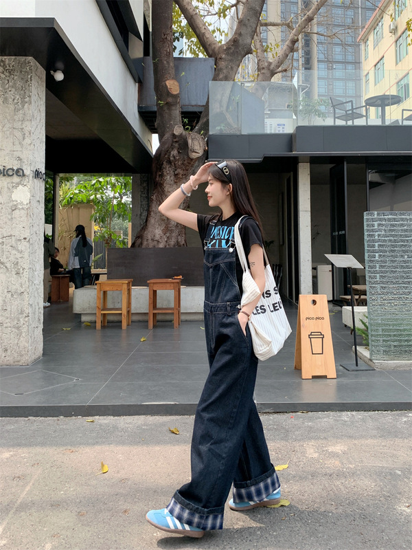 Plaid Stitching Denim Strap Pants 2025 Summer New Korean Style Double Shoulder Strap Design Wide Leg Pants for Women Chic