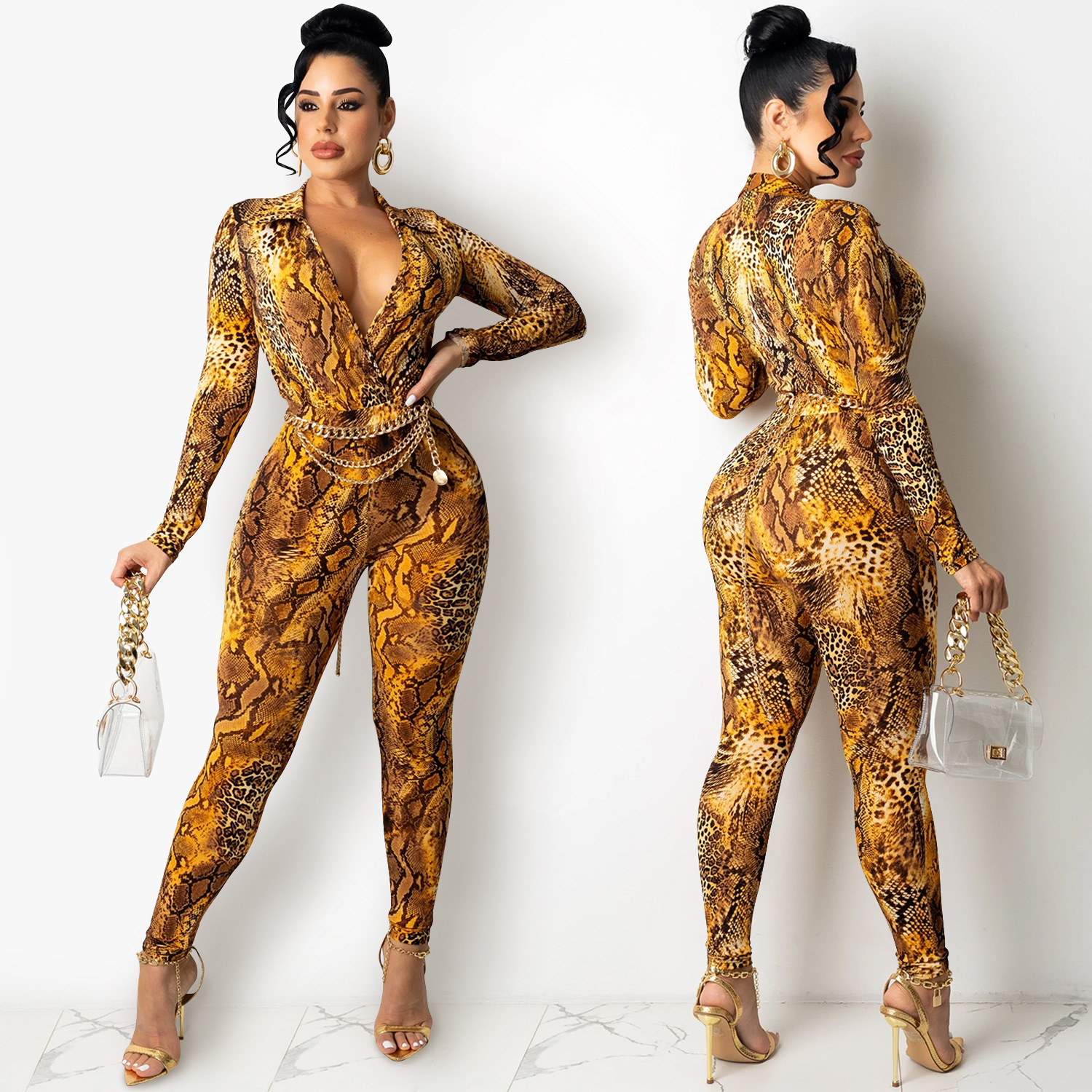 V-Neck Long-Sleeved Top Slim Trouser Print 2 Piece Set Without Belt NSFYZ112486