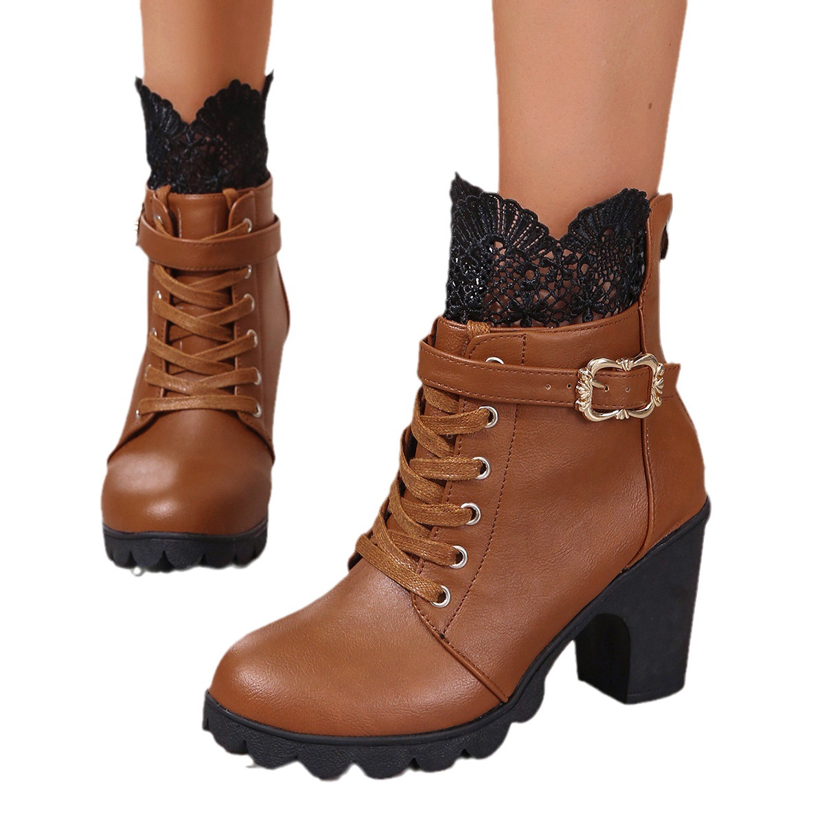 Short with belt buckles, high heels, round toe, lace straps, back zipper, thick soled women's boots_voghion.com