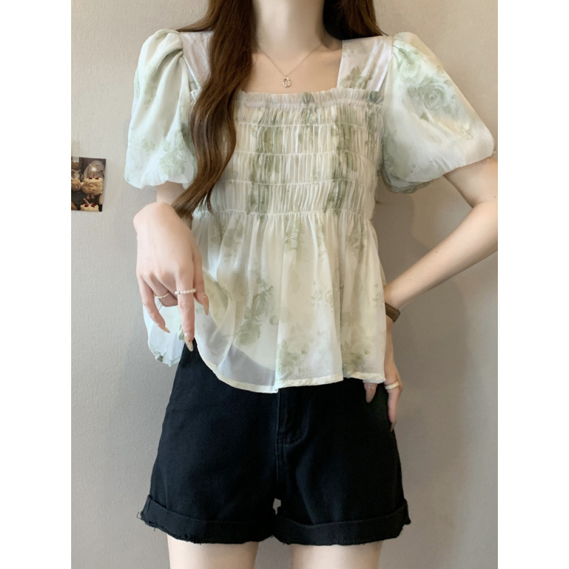 ミントマンボ夏の新しいフレンチスクエアカラー花柄甘い半袖シフォンシャツカレッジスタイルパフスリーブトップ女性用|undefined