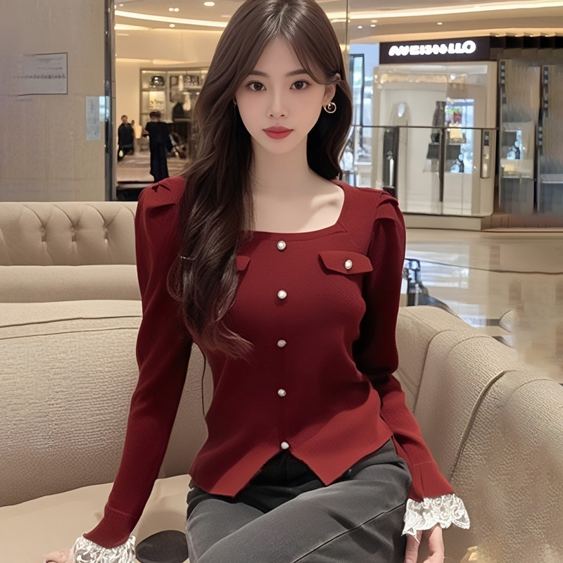 AI Figure in stock Fashion All-match High-end Temperament Square Collar Bubble Sleeve Split Knitted Sweater Women's Sweater Outer
