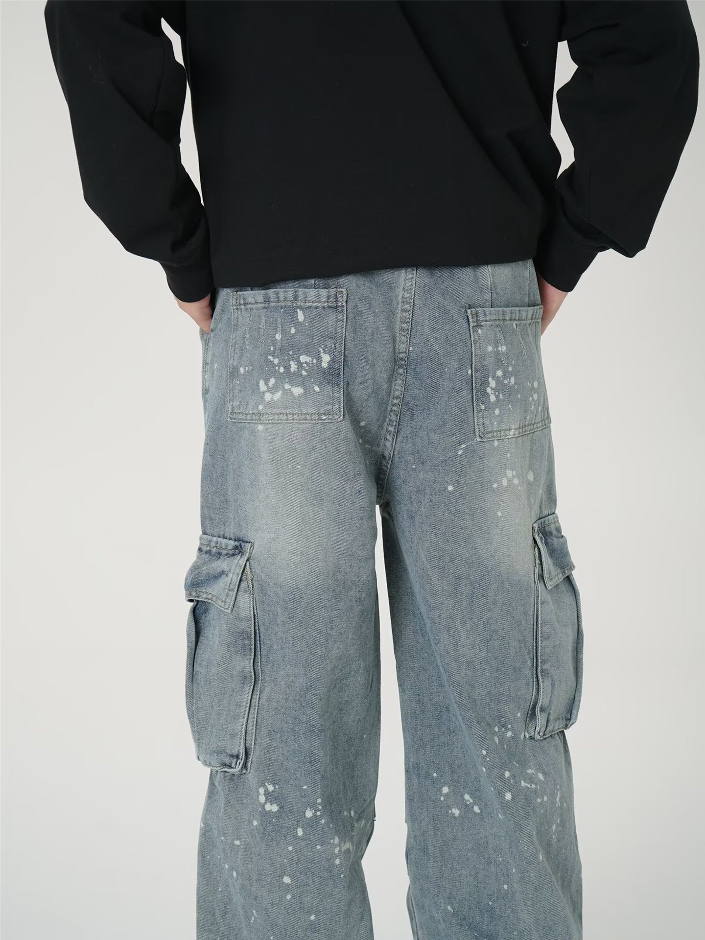 Vintage Cargo Jeans für Herren – Distressed Multi-Pocket Streetwear Hose mit Farbspritzern & Oversized Fit (S-XXXL) – Grunge Revival Essential_voghion.com