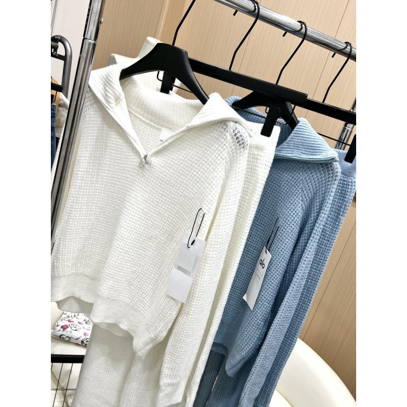 aloビバリーヒルズ リラックスオールドマネースタイル Vネックトップスとパンツ 気質ファッションスーツ 万能ニットパンツ ワッフル|undefined