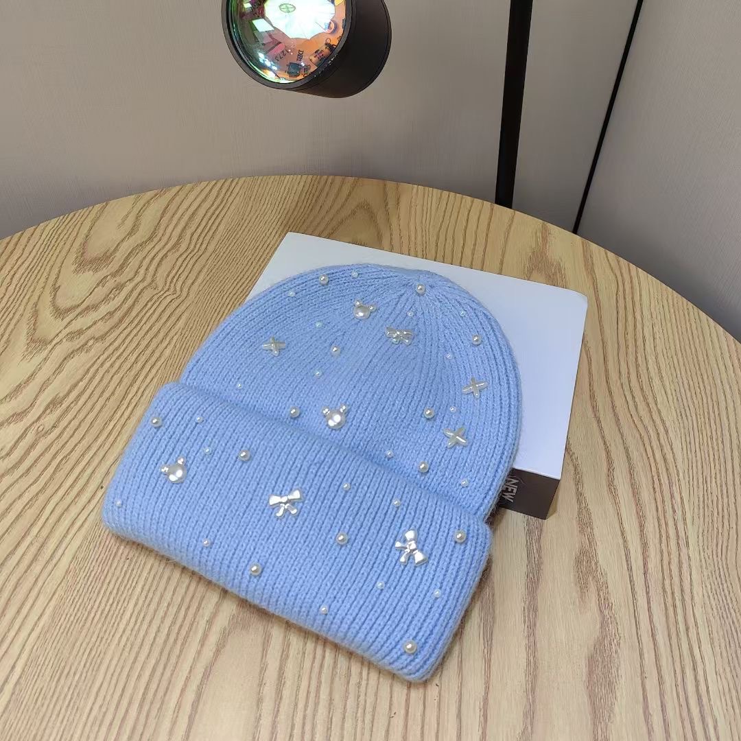 Herbst Winter Neue Perlen-Schleife Leichter Wollstil für Damen Großer Kopfumfang Gesicht Schlankmachend Kältebeständig Ohren_voghion.com