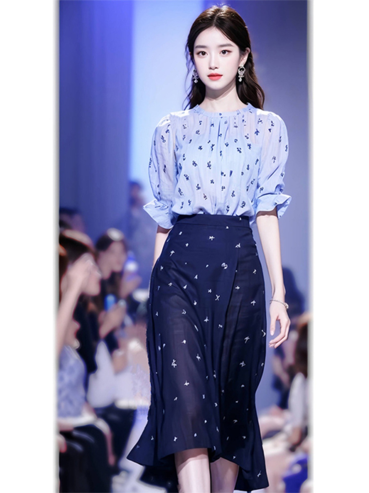 Bộ đầm maxi nữ thắt eo phong cách Pháp trang trọng màu xanh — váy xanh chi tiết 3