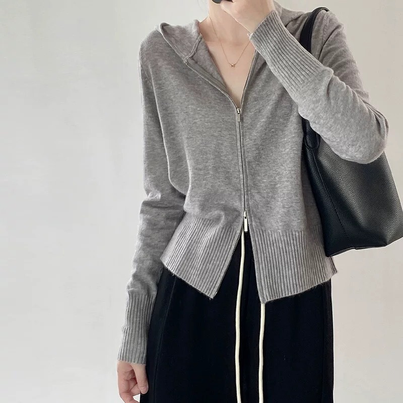 Double Zipper Hooded Knitwear Women's Cardigan Jacket Spring & Fall 2025 New Inner Layering Hoodie Gray Top Double Zipper Hooded Knitwear Women's Cardigan Jacket Spring & Fall 2025 New Inner Layering Hoodie Gray Top