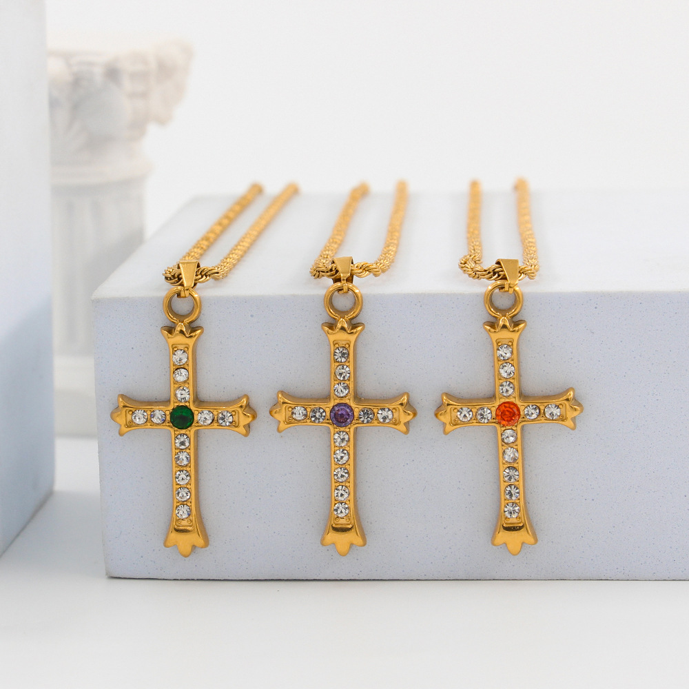 Fashion Cross Stainless Steel Plating Zircon Pendant Necklace_colorza_2