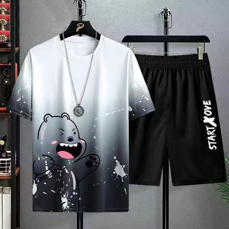 New Quick-drying Ice Silk Gradient suit Men's Short-sleeved T-shirt Summer Casual Shorts Sports Two-piece Handsome Men's Wear