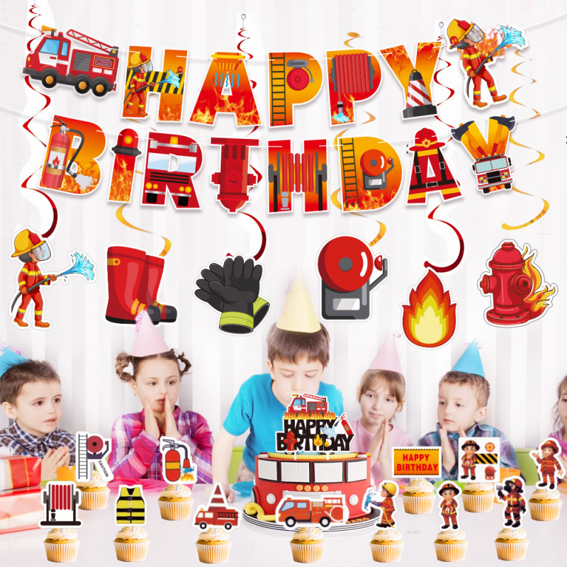 消防员主题生日派对装饰套装生日拉旗横幅消防员螺旋吊卡蛋糕插件|undefined