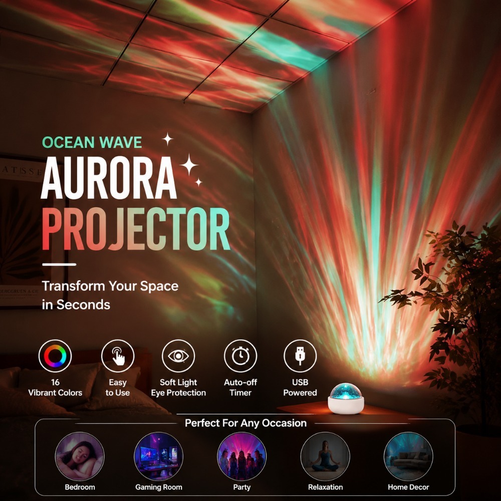 Lámpara de proyección de aurora ondulada de agua dinámica 16 colores Touch USB Night Light Temporizador Luz de atmósfera de aurora boreal