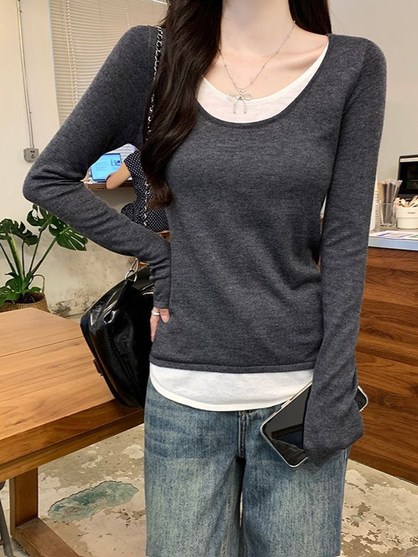 2025秋季新款独特假两件针织衫圆领长袖T恤女休闲显瘦百搭上衣ins|undefined