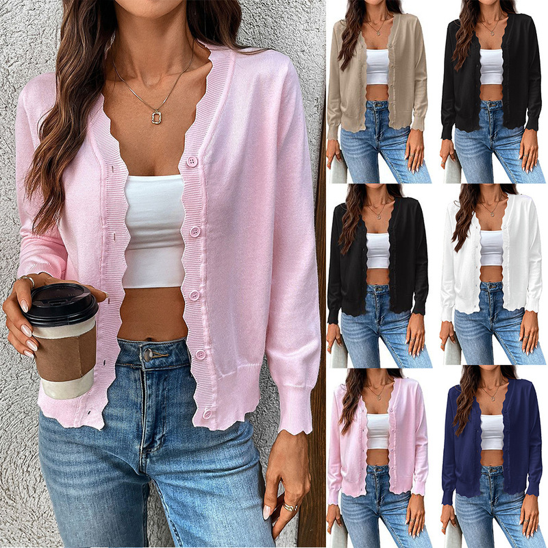 Cross-Border European and American Amazon Tk2025 Summer New V Neck Long-Sleeved Knitted Cardigan Pure Color Ice Silk Jacket for Women Cross-Border European and American Amazon Tk2025 Summer New V Neck Long-Sleeved Knitted Cardigan Pure Color Ice Silk Jacket for Women