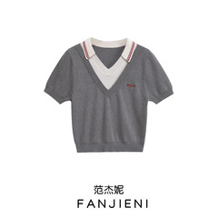 ZR 外国貿易卸売ヨーロッパとアメリカンスタイルの女性のカレッジコントラストカラーステッチ文字刺繍半袖セーター YU950116
