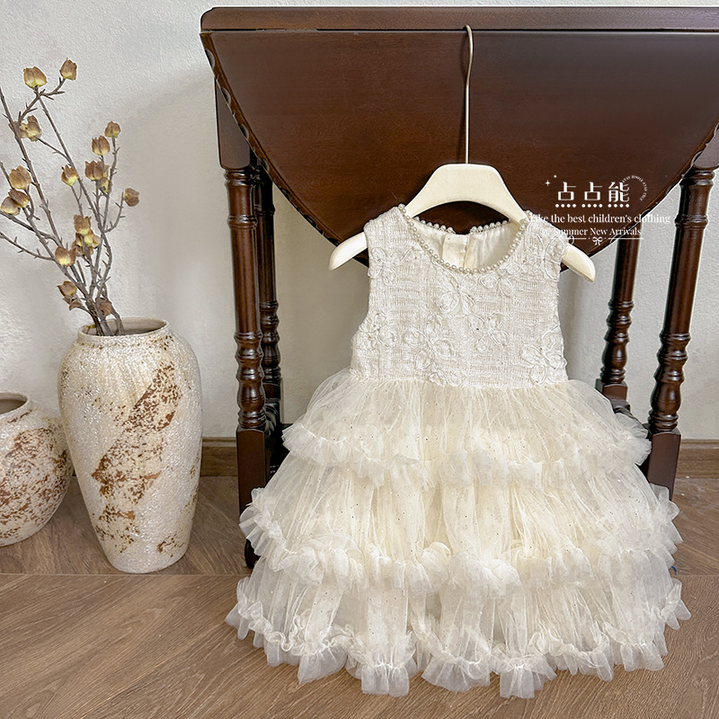 2026 Summer New Style Girls' Fashionable Floral Embroidery Sleeveless Puffy Soft Tulle Skirt, Stylish Princess Dress
