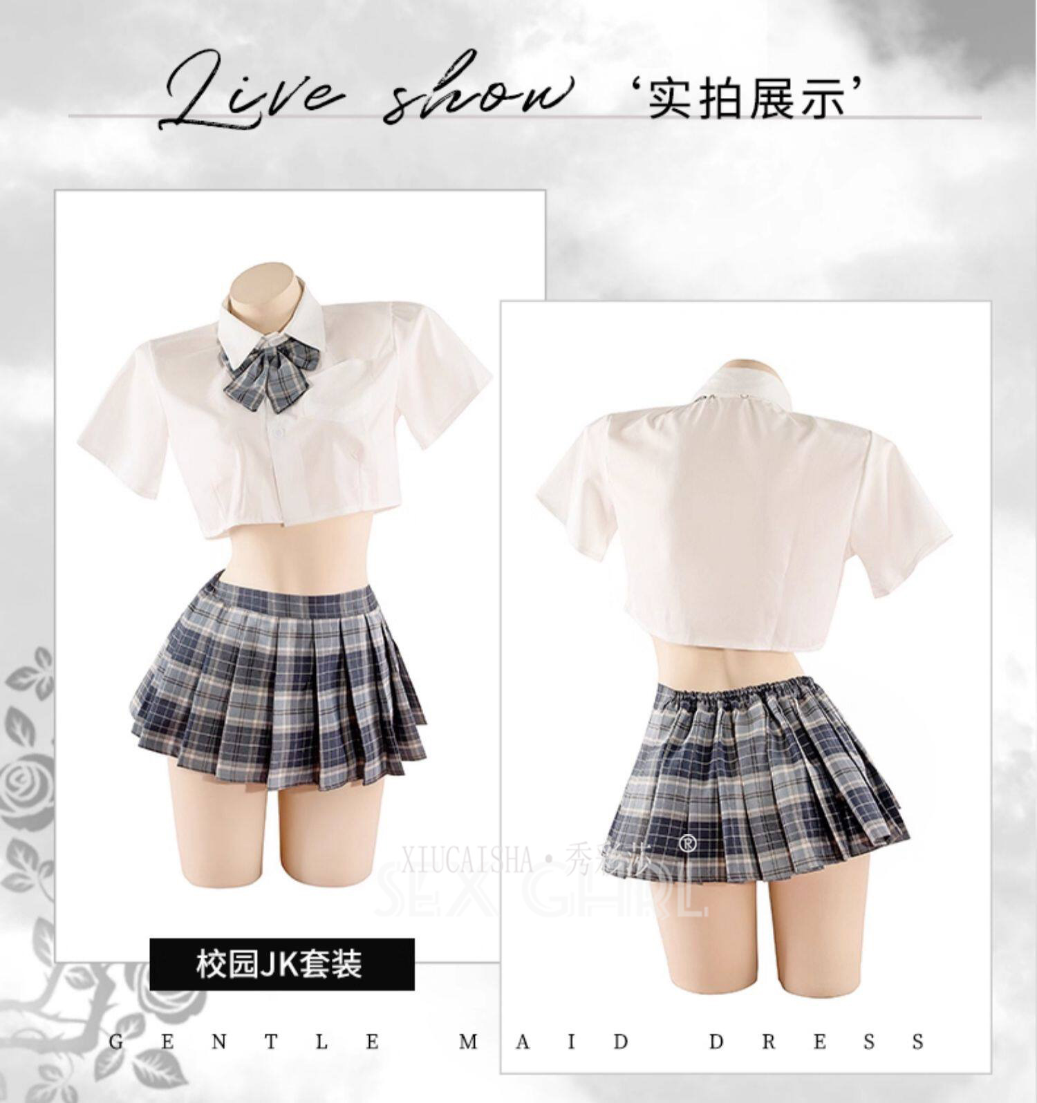 Student-Style Roleplay Lingerie Set with Plaid Skirt, Top, Bow Tie, Thong and Stockings — detail image 23