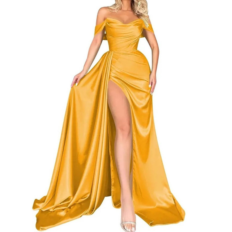 Banquete de comercio exterior europeo y americano transfronterizo con horquilla alta y sexy anfitrión vestido de noche de fiesta delgado con un hombro