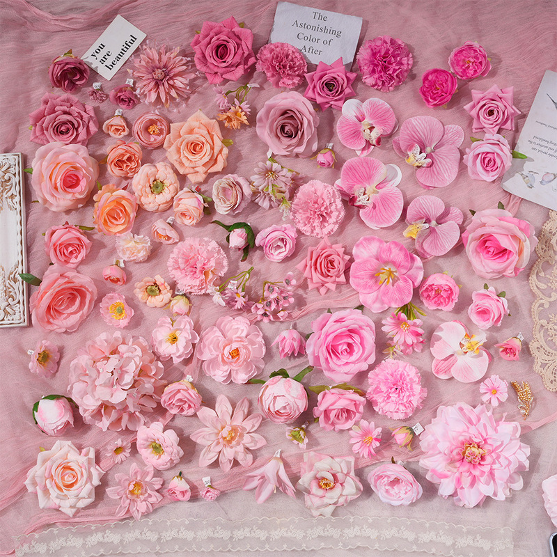 Pink Flower Head Fake Flower Silk Flower DIY Handmade Material Clothing Headwear Accessories Straw Hat Flower Shooting Props