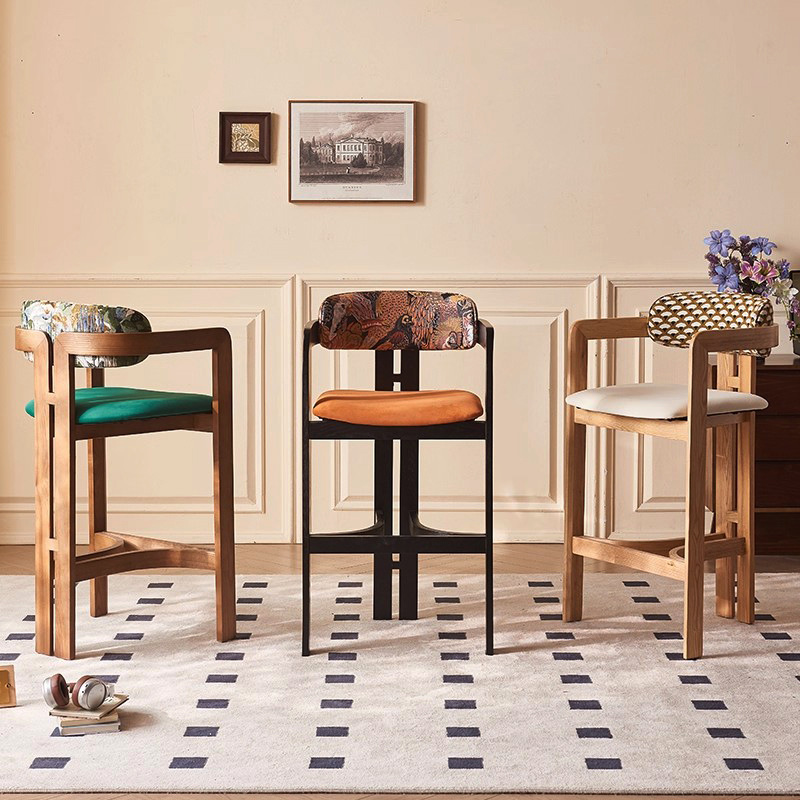 Solid Wood Bar Chair, Ash Wood with Armrests, High Stool, Wabi-Sabi Mid-Century Style Bar Chair, Cafe Island Dining Chair