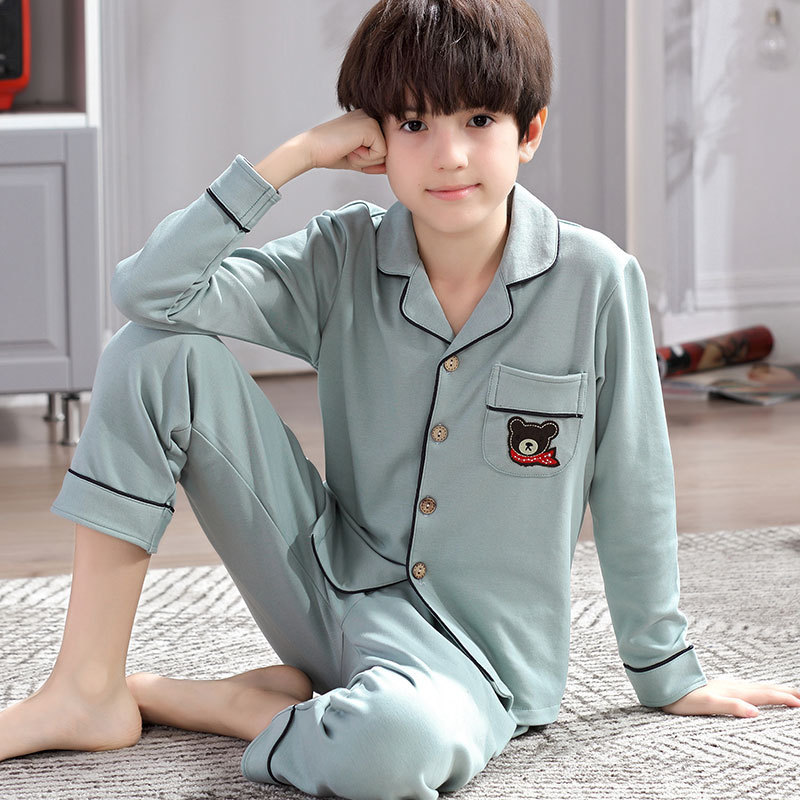 Autumn Teenager Pajamas Boys Long Sleeve Cotton Spring and Autumn Middle School Students' Home Clothes for Middle School Students 12-15 Years Old