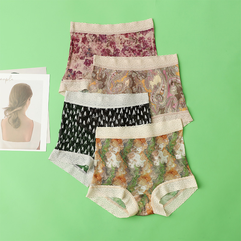 100% Silk Mulberry Silk Mesh Knitted Digital Printed High Waist Underwear Women's Boxer Shorts Thin Breathable Skin-Friendly