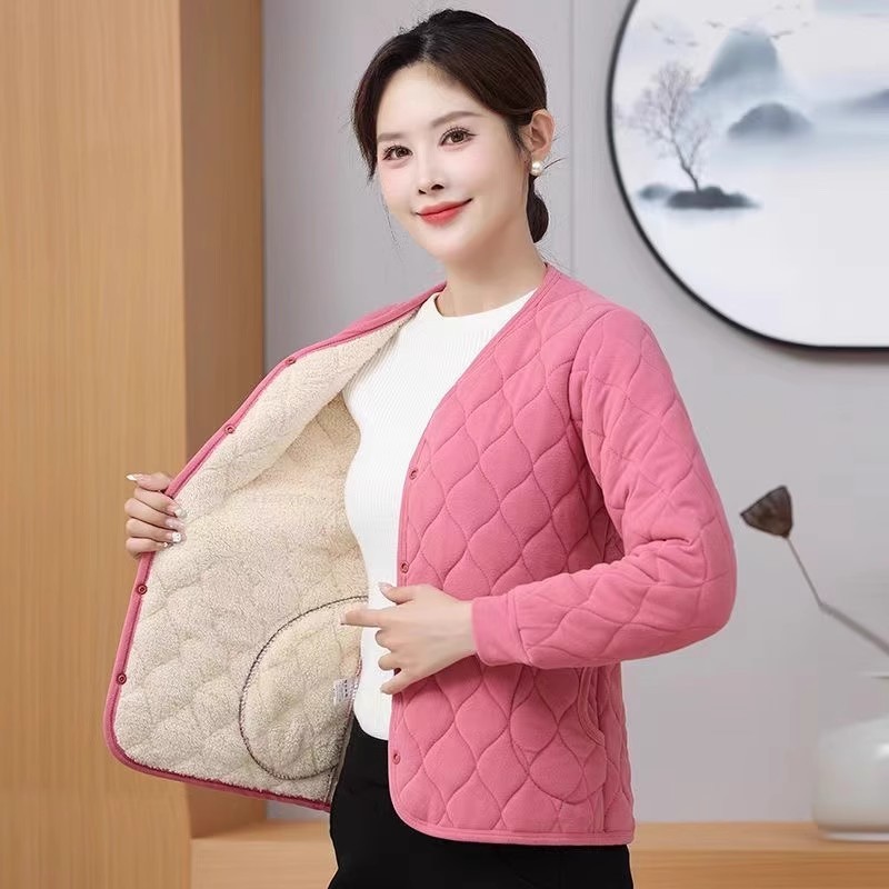 德绒棉袄冬季加绒加厚中老年女士居家服无领外套保暖棉服妈妈装|undefined