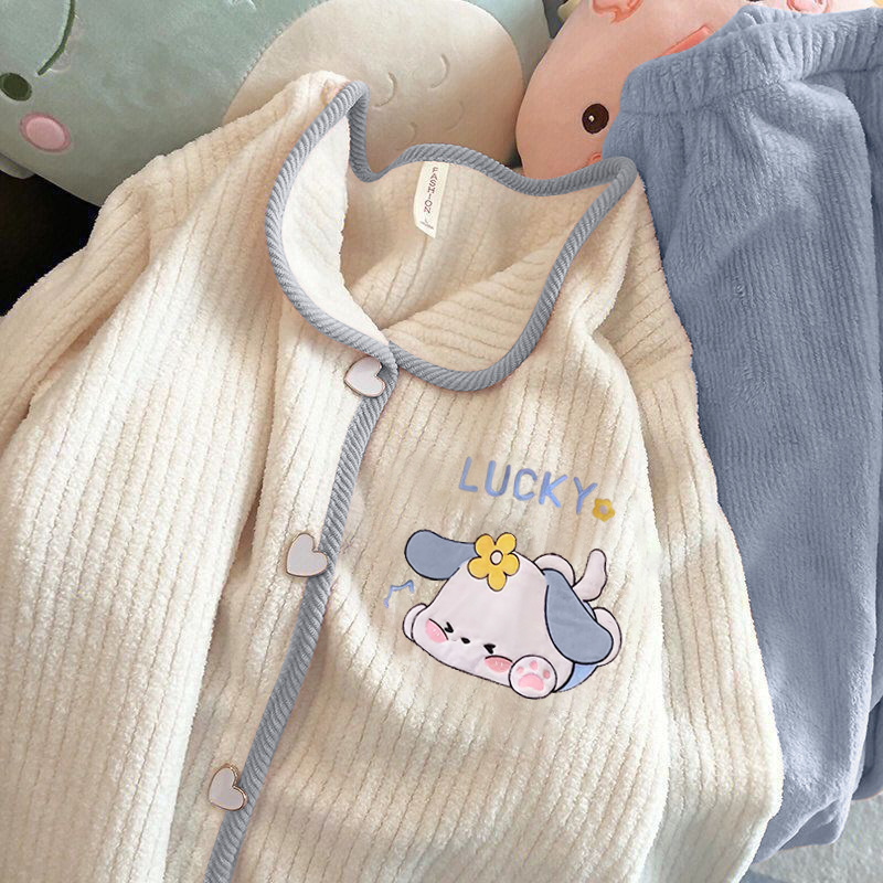 秋冬季新款珊瑚绒睡衣女开衫帕哈狗甜美加绒长袖家居服套装可外穿|undefined