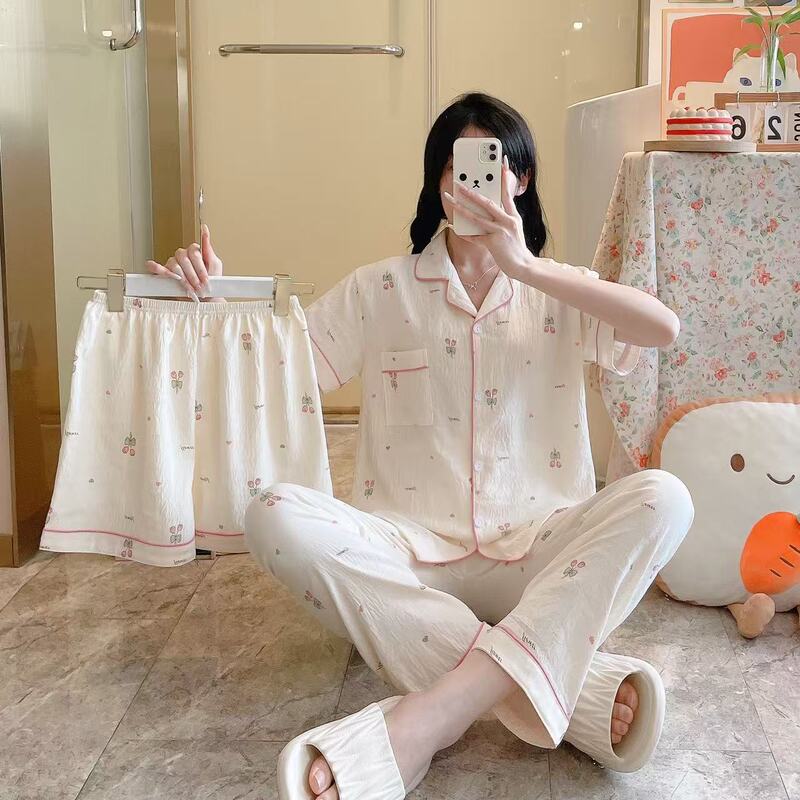 跨境云朵棉睡衣三件套女夏季短袖长裤短裤春秋季家居服套装外贸|undefined