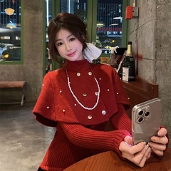 新年战袍双排扣斗蓬针织衫女冬季新款百搭显瘦保暖长袖上衣两件套