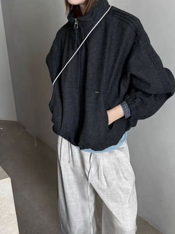 高端撞色格子袖口立领百搭宽松显瘦毛呢夹克女外套2025秋季新款潮|undefined