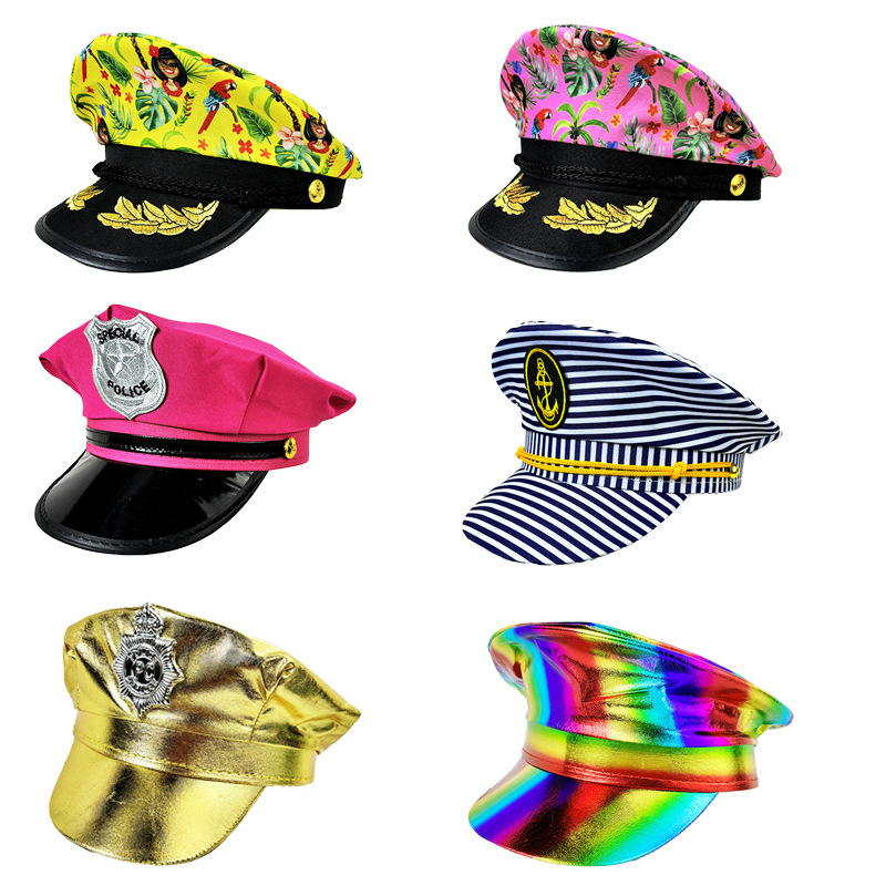 Sombrero de policía europeo y americano de siete colores de Amazon, uniforme sexy, sombrero de fiesta, sombrero de capitán de Halloween, sombrero de policía europeo y americano