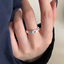 925纯银不规则粉色锆石爱心戒指女简约可爱甜美温暖开口指环J0370