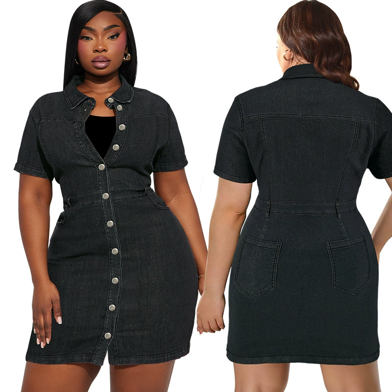 218501 Трансграничное женское джинсовое платье больших размеров с короткими рукавами и пуговицами, прямая продажа с фабрики